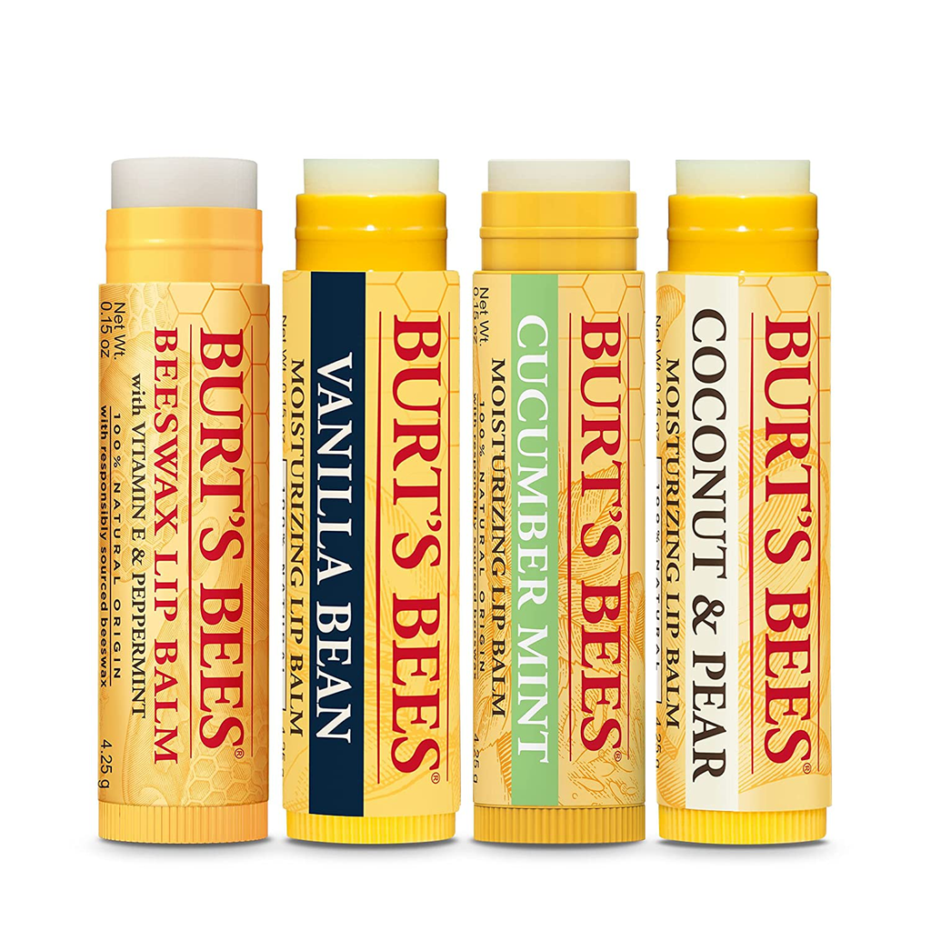 Burt’S Bees Holiday Gift, 4 Lip Balm Stocking Stuffer Products, Beeswax Bounty Assorted Set - Original Beeswax, Vanilla Bean, Cucumber Mint & Coconut Pear (New Verison)