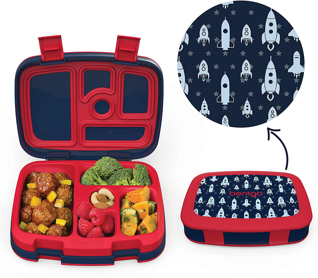 Bentgo Kids Prints (Space Rockets) - Leak-Proof, 5-Compartment Bento-Style Kids Lunch Box - Ideal Portion Sizes for Ages 3 to 7 - BPA-Free and Food-Safe Materials