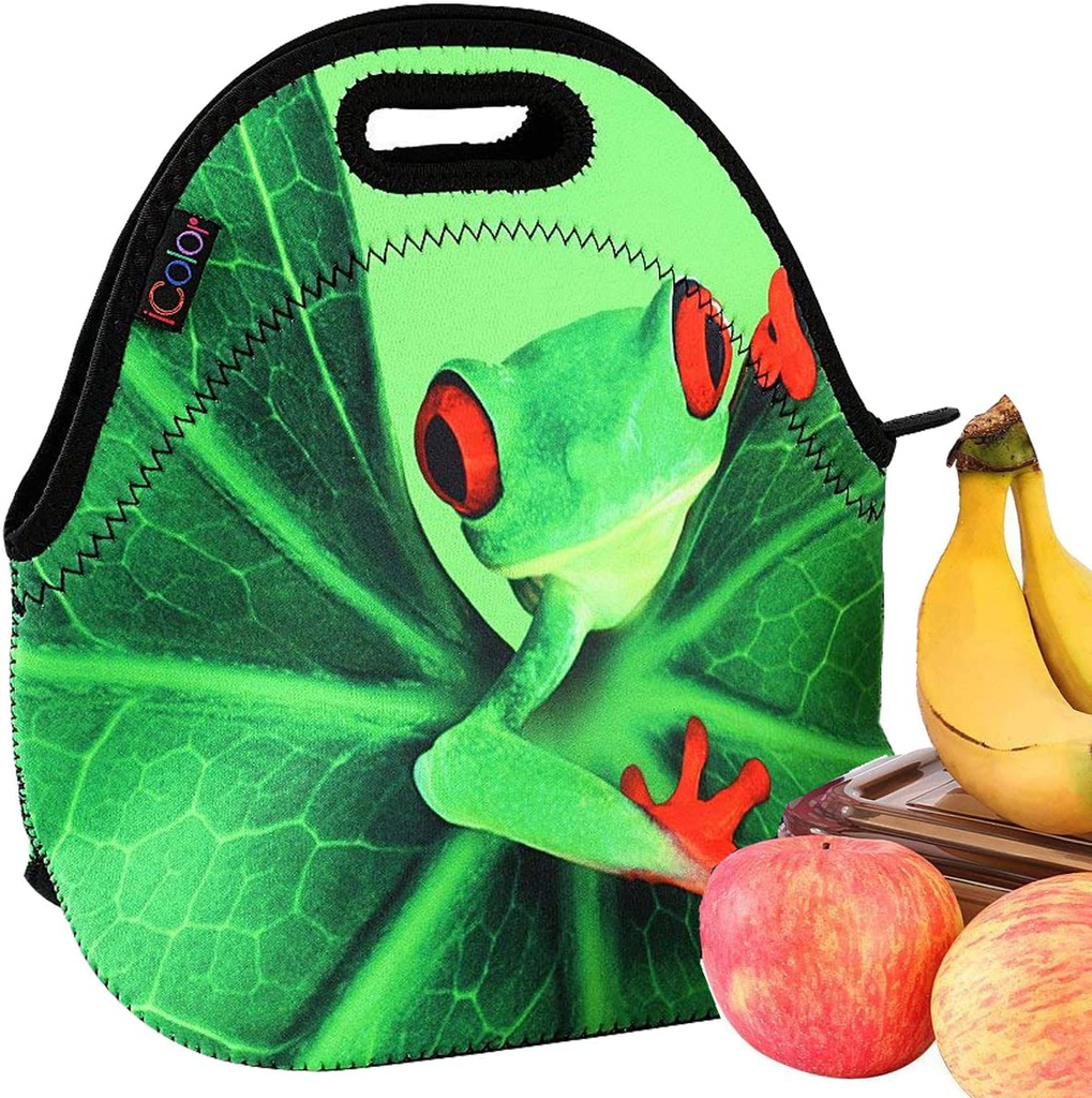 icolor Cute Frog Neoprene Lunch Bag Insulated Lunchbox Thermal Lunch Tote Bag Water Resistant Lunch Box & Food Container Travel, School, Work Food Storage Cooler YLB-N32