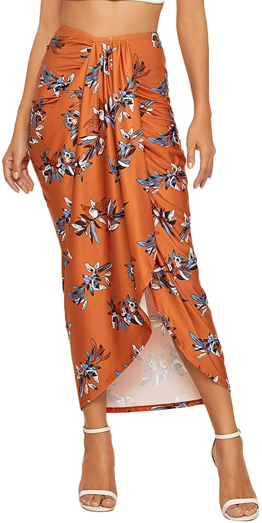 SheIn Women's Casual Slit Wrap Asymmetrical Elastic High Waist Maxi Draped Skirt