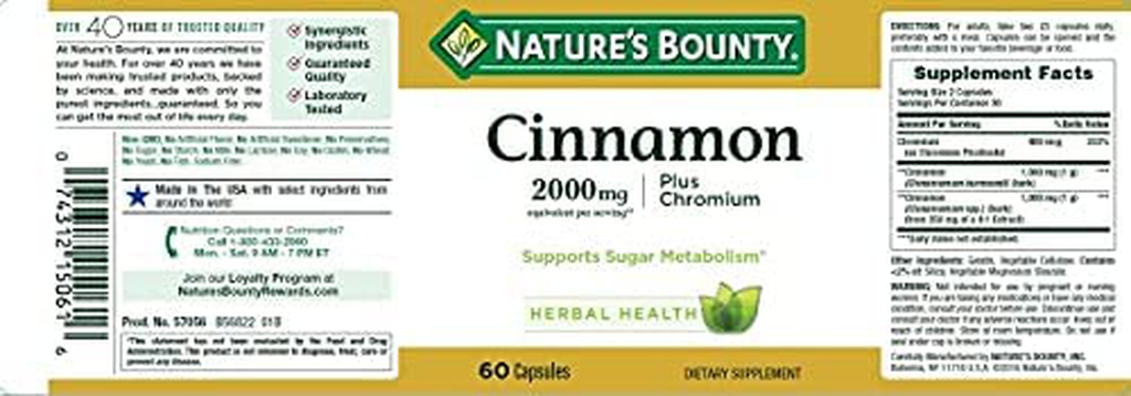 Cinnamon by Nature's Bounty, Herbal Supplement, Supports Sugar Metabolism, 2000mg Cinnamon Plus Chromium, 60 Capsules