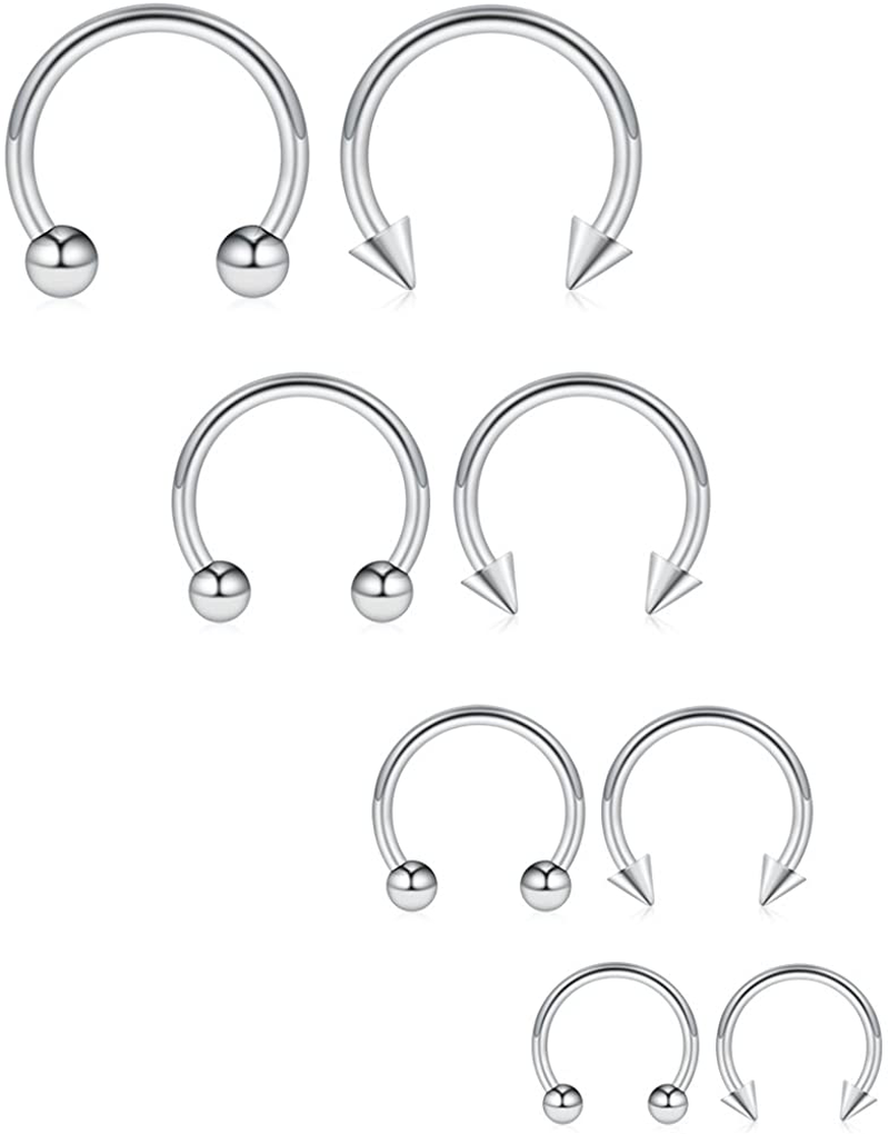 Ruifan 8PCS 16G Surgical Steel Nose Septum Horseshoe Hoop Earring Eyebrow Tragus Lip Piercing Ring Balls & Spikes 6-12mm
