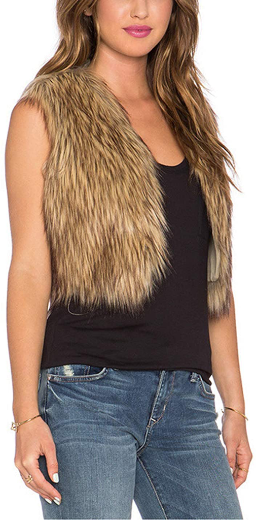 Tanming Women's Sleeveless Open Front Fluffy Short Faux Fur Vests Waistcoats