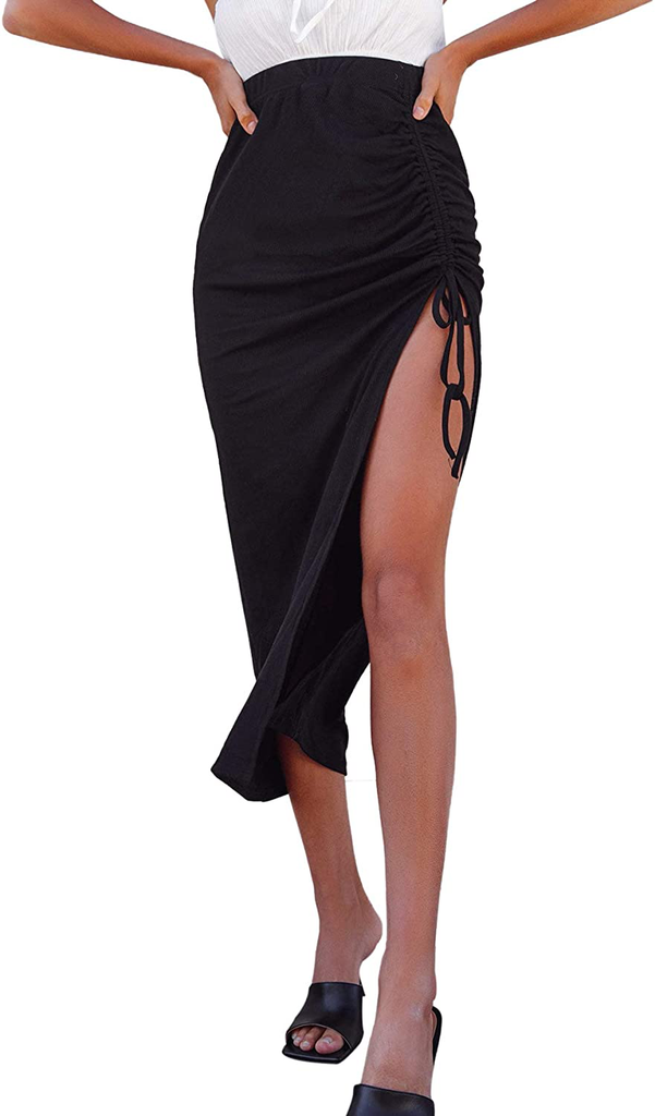 SheIn Women's Drawstring Ruched Side Split Hem Midi Skirt