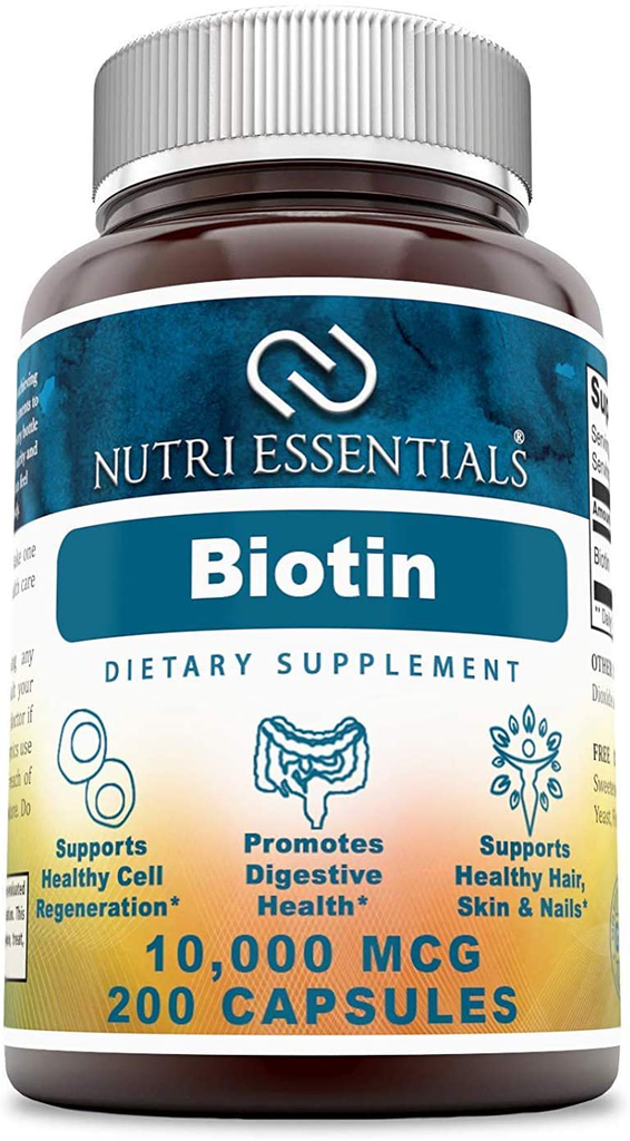 Nutri Essentials Biotin 10,000 Mcg 200 Capsules (Non-Gmo)- Supports Healthy Hair, Skin & Nails - Promotes Cell Rejuvenation and Energy Production*
