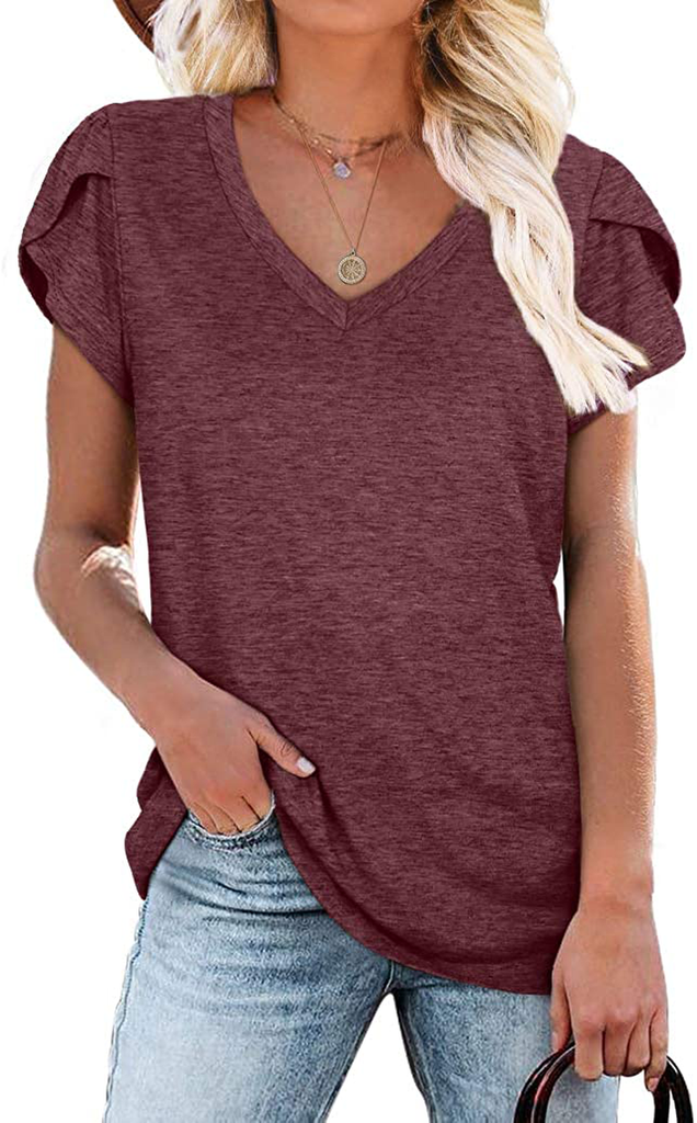 WIHOLL Womens Tops V Neck Summer Petal Sleeve Casual Tshirts