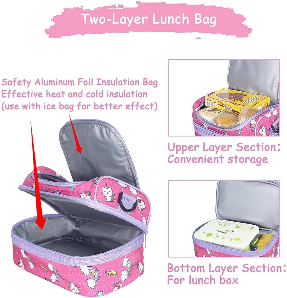 Lunch Bag Box for Girls, Kasqo Insulated Cooler Bag Kids Lunch Tote with Dual Compartments, Lavender Unicorn