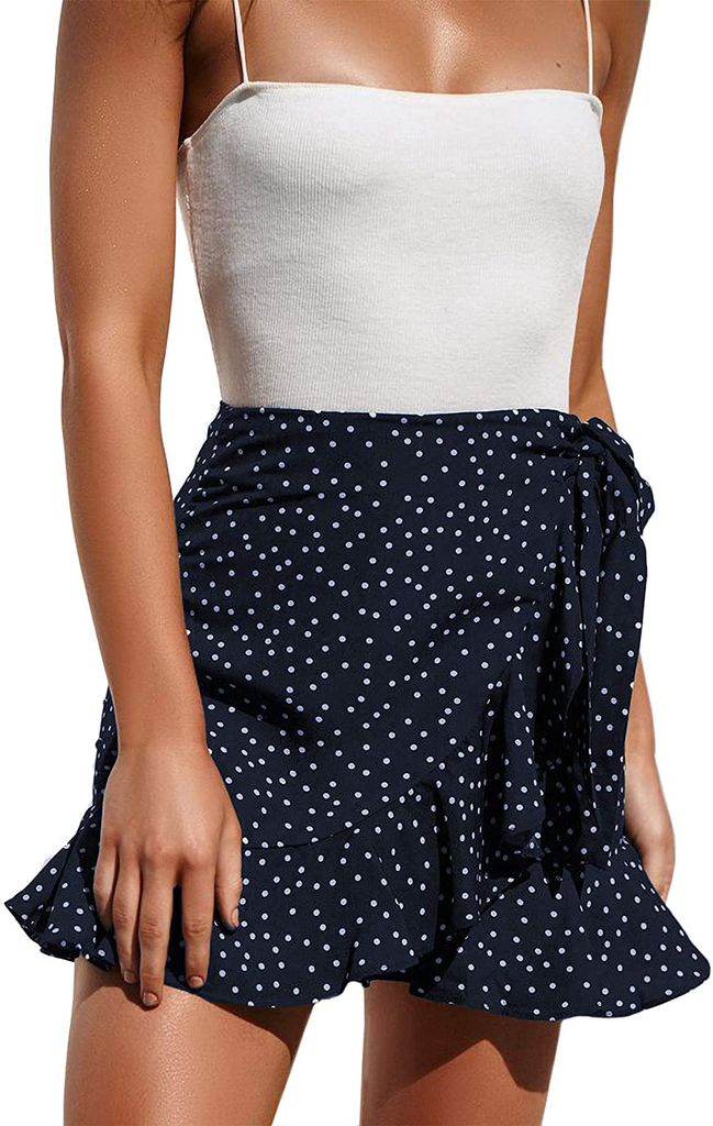 AIMCOO Women's Summer Wrap Skirt Polka Dot Leopard Print Waist Tie Ruffle Frill Mini Short Casual Skirts