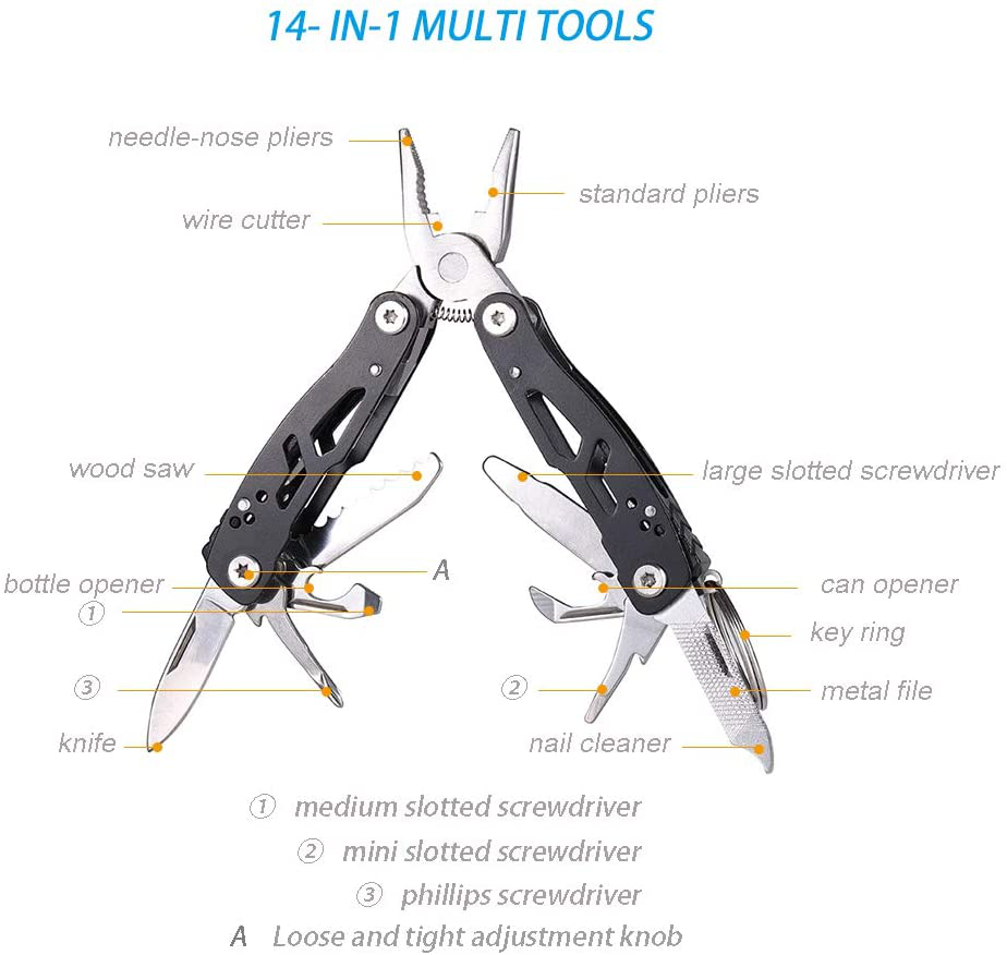 MINI Multitool Pliers 14-In-1, Christmas Gifts, Foldable Multi-Tool Knife, Multitools for Men, Rugged and Practical Portable Computer and Bike Tools, Black Stainless Steel Camping and Survival Tools
