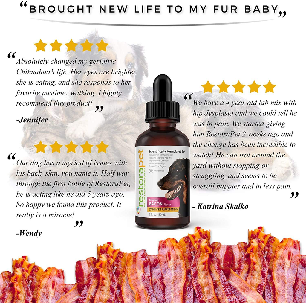 RestoraPet Organic Bacon Flavor Pet Supplement for Dogs, Cats & Horses | Healthy & Safe Antioxidant Liquid Drops | Anti-Inflammatory Multi-Vitamin | Increases Mobility, Energy & Reduces Joint Pain