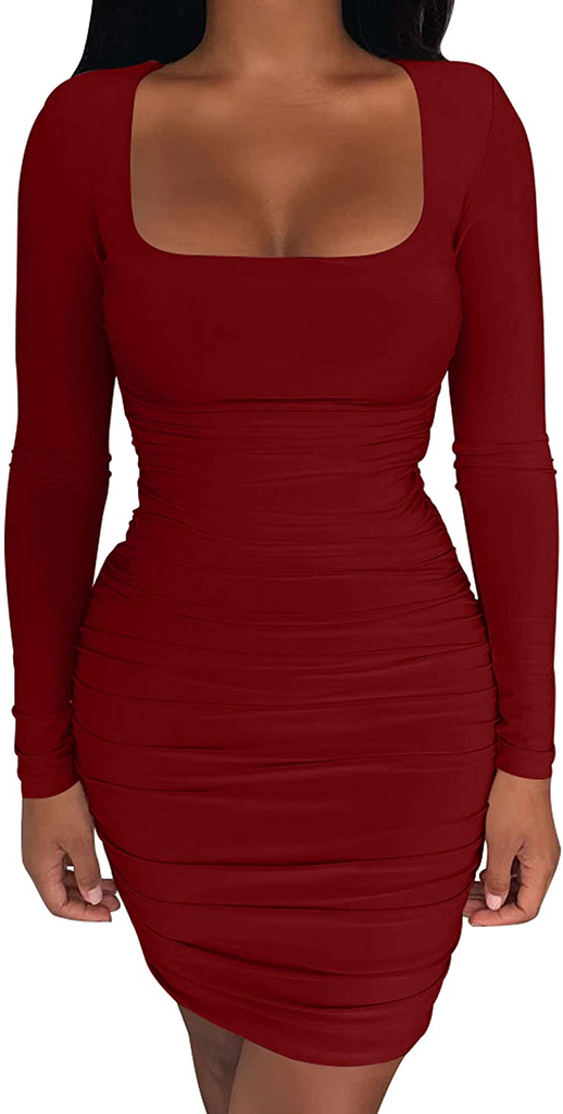 Kaximil Women's Sexy Bodycon Ruched Mini Club Dress Long Sleeve Basic Casual Dresses