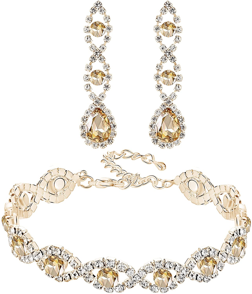 Silver Plated Clear Rhinestone Crystal Tennis Bracelet and Earrings Set