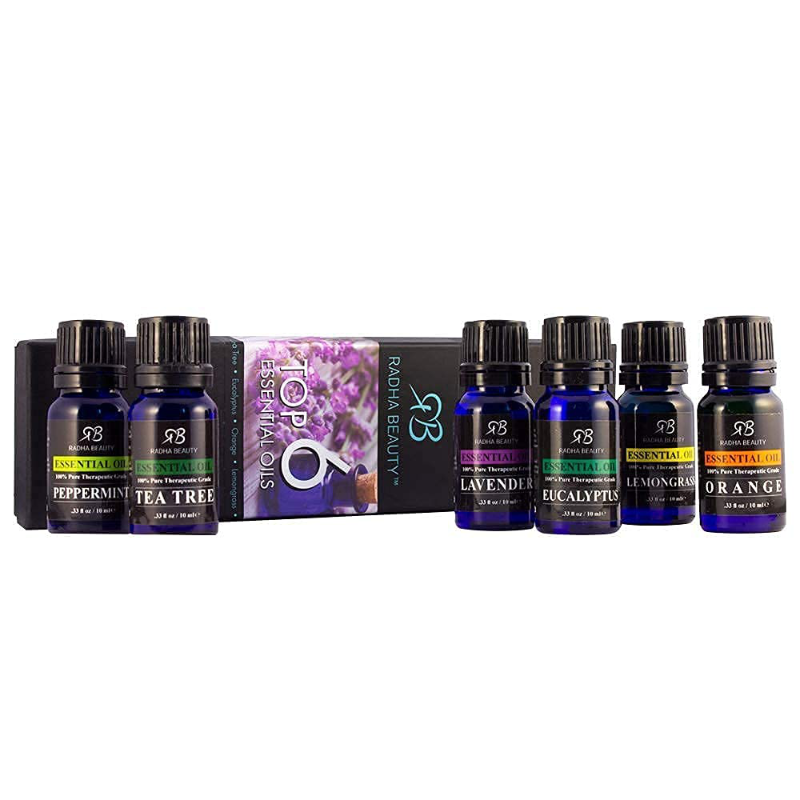 Radha Beauty Aromatherapy Top 6 Essential Oils (Lavender, Tea Tree, Eucalyptus, Lemongrass, Orange, Peppermint) - 100% Natural Basic Gift Set for Aromatherapy, Diffusers, Soap, DIY Skincare