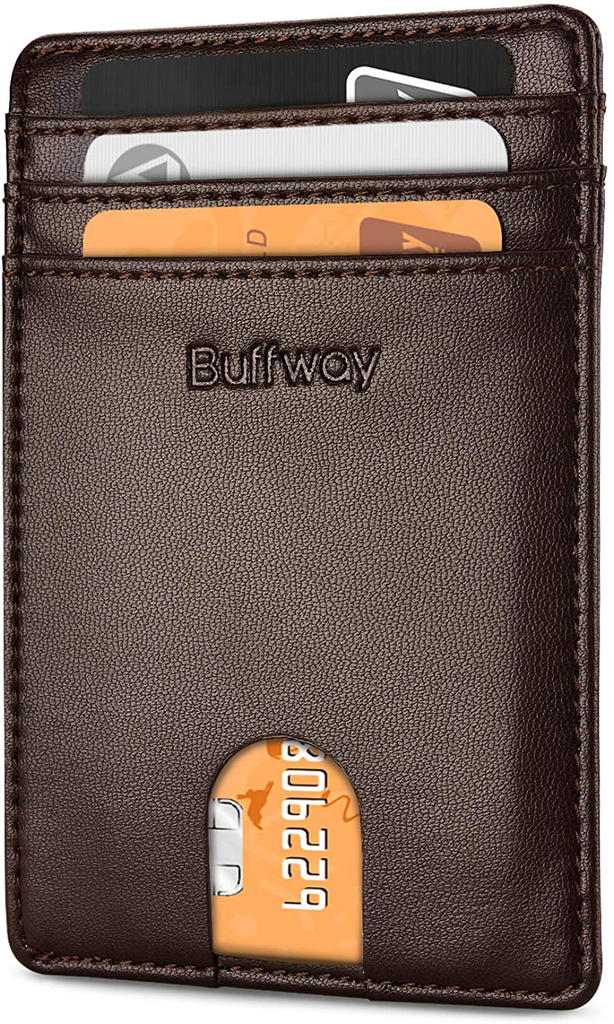 Buffway Mens Slim Wallet, Minimalist Thin Front Pocket Leather Credit Card Holder with RFID Blocking for Work Travel