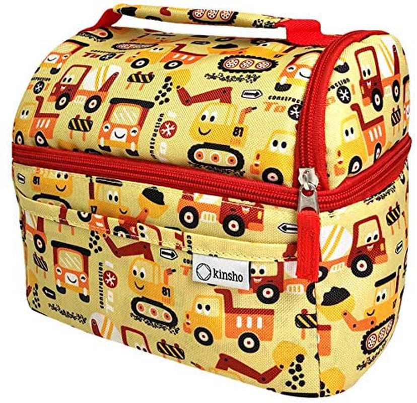 Toddler Lunch Bag Box for Daycare, Boys Kids, Insulated Bag for Baby Boy Pre-School, Container Boxes for Small Kid Snacks Lunches, 2 Compartments, Yellow Red Trucks