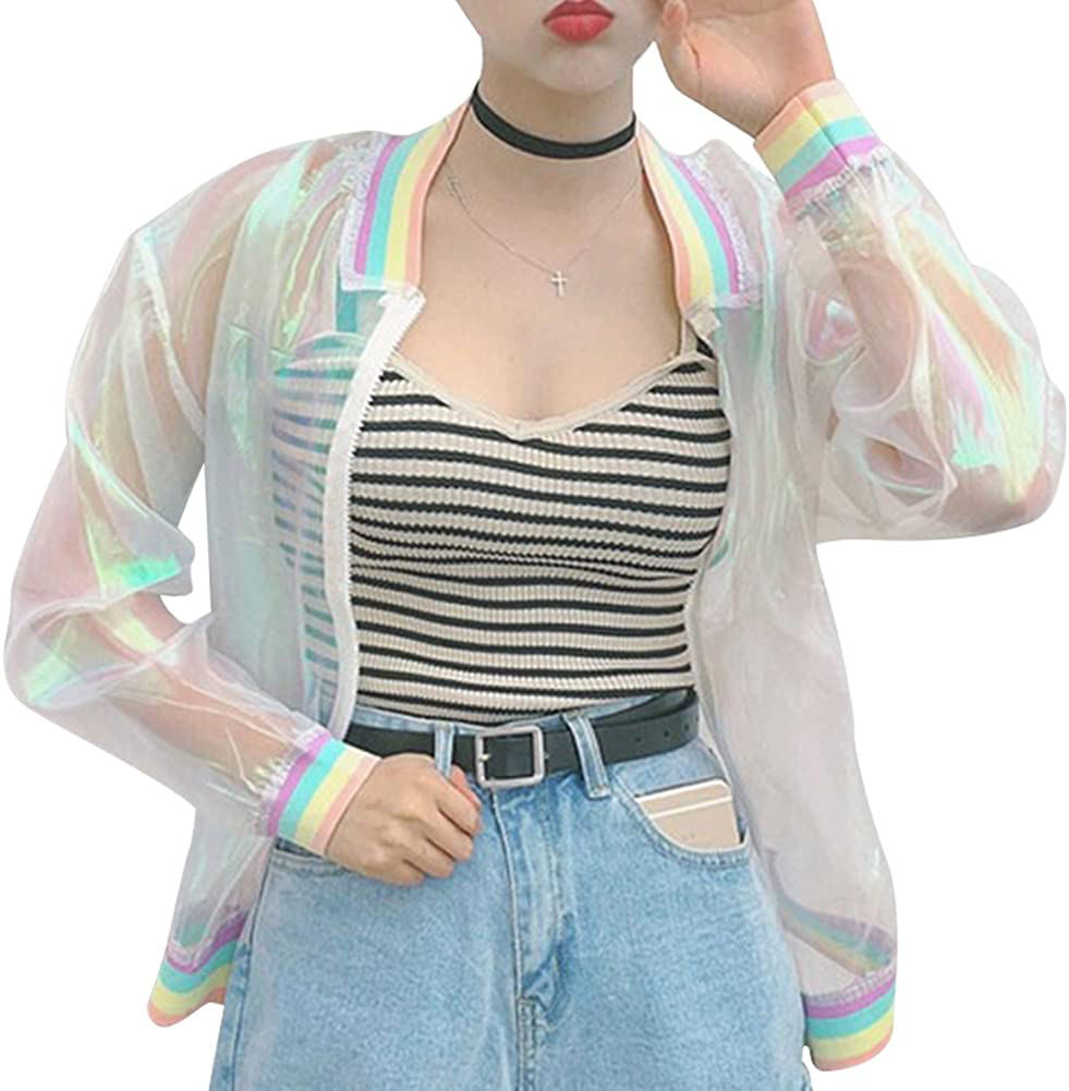 RARITYUS Women Girls Hologram Rainbow Bomber Jacket Iridescent Transparent Summer Sun-Proof Coat