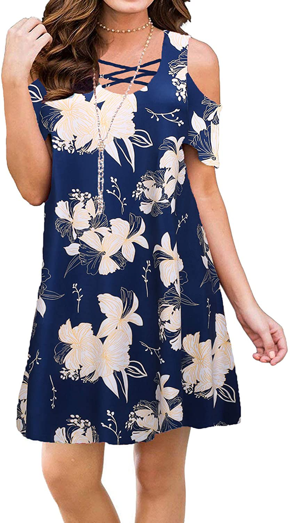 Bluetime Women Summer Cold Shoulder Criss Cross Neckline Short Sleeve Casual Tunic Top Dress (S-3XL)