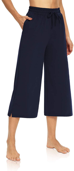 Women's Rayon Cotton Wide Leg Drawstring Capri, Capri Pants Loose Yoga Pants,  Plain Capri for Women, Nightwear Capri with 2 Pocket (Pack of 1) - Black