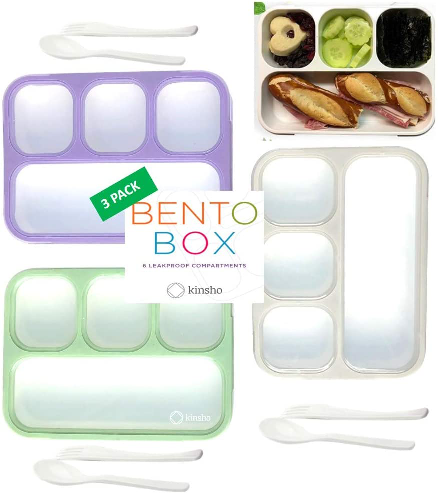 Bento Box Lunch Boxes for Adults Kids, Portion Control Set for Lunches, Snack Container Lunchbox with Dividers, Boys Girls Women Men School Travel Snack Containers Leak-proof Kit, Grey Green Purple
