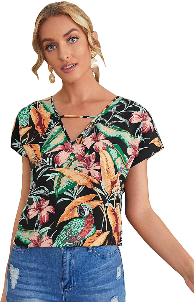 Milumia Women's Floral Print Cutout V Neck Short Sleeve Casual Summer Blouse Top