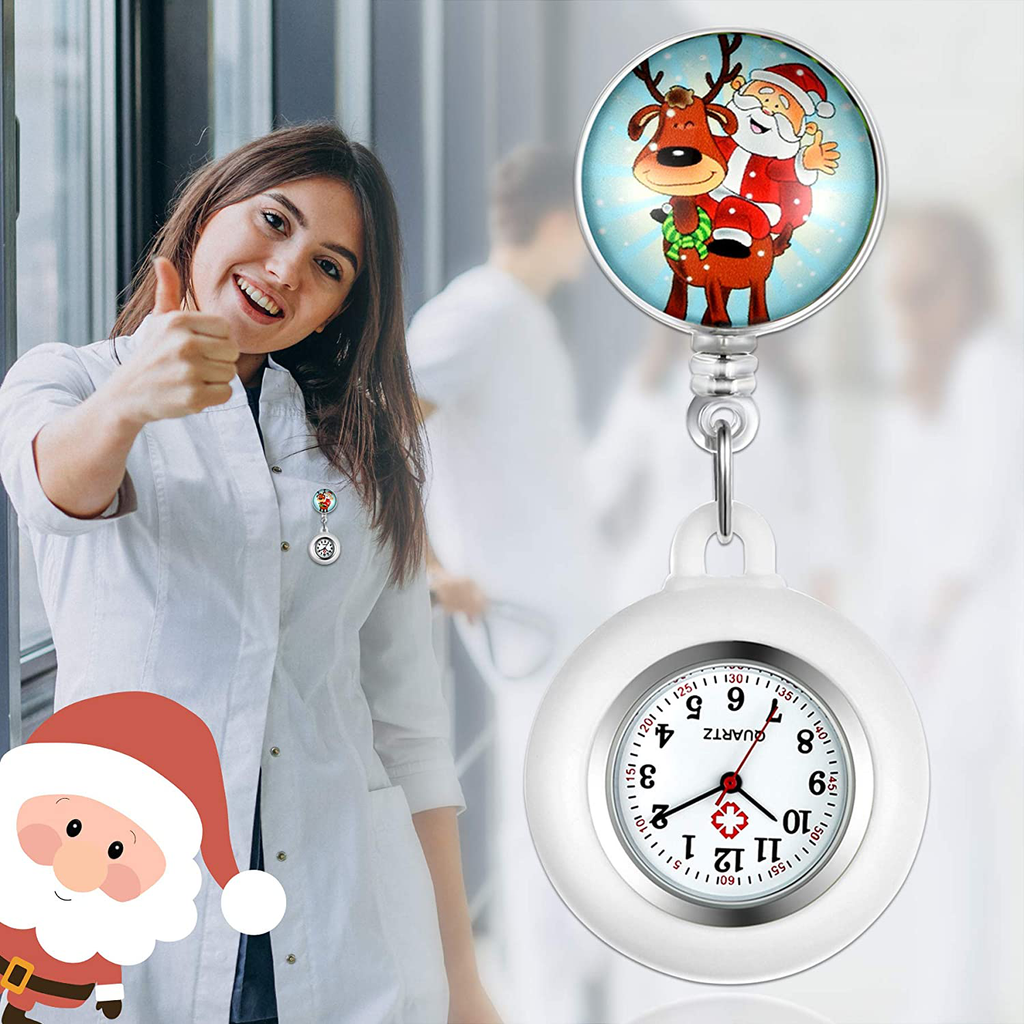 1-3 Pack Retractable Nurse Watch with Second Hand for Women and Men Santa Claus Pattern Lapel Hanging Clip-on Nurse Watch for Nurse and Doctors White Silicone Cover Pocket Watch for Christmas