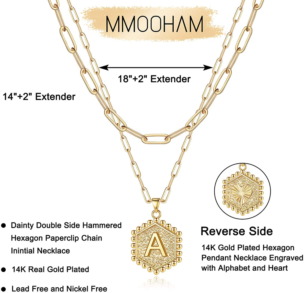 M MOOHAM Dainty Layered Initial Necklaces for Women, 14K Gold Plated Paperclip Chain Necklace Simple Cute Hexagon Letter Pendant Initial Choker Necklace Gold Layered Necklaces for Women