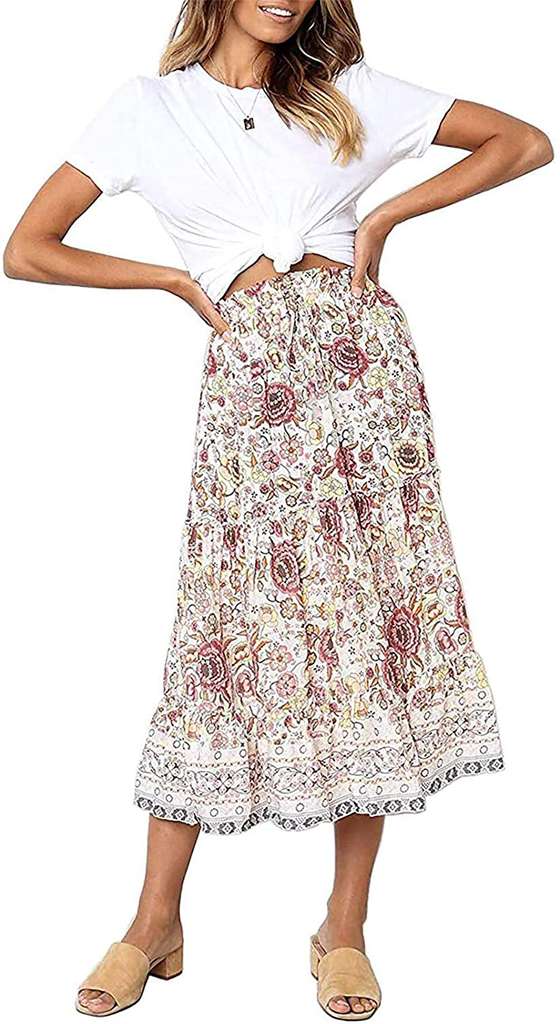 MEROKEETY Women's Boho Floral Print Elastic High Waist Pleated A Line Midi Skirt