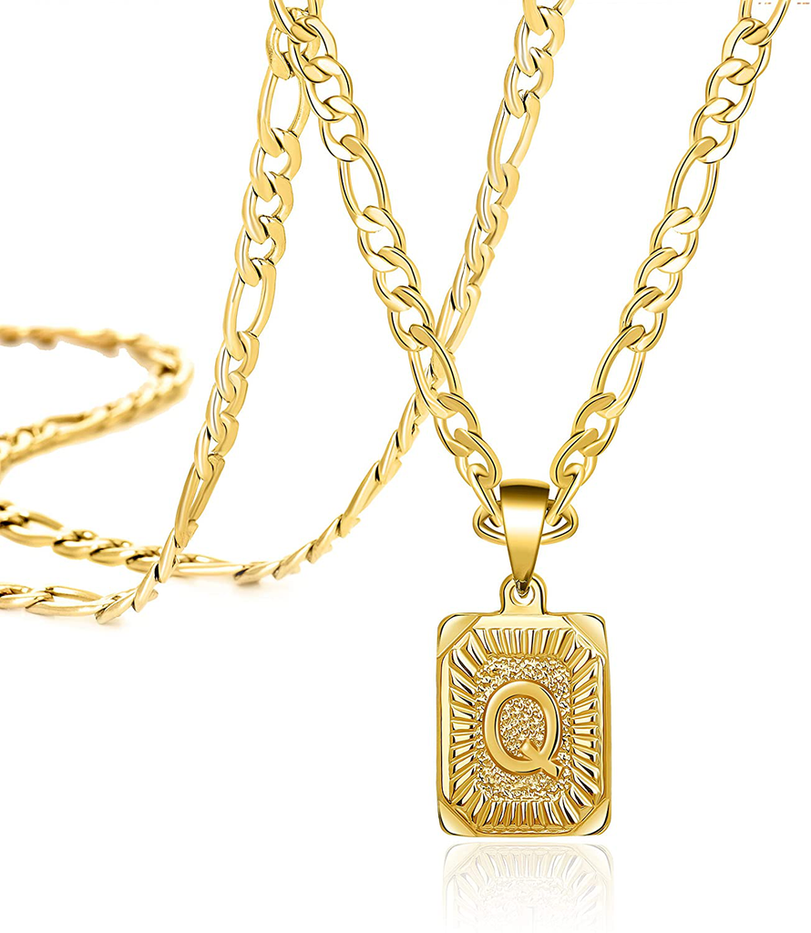Joycuff 18K Gold Initial Necklaces for Women Men Teen Girls Best Friend Fashion Trendy Figaro Chain Square Letters Stainless Steel Pendant Necklace Personalized 26 Alphabets Length 18 20 22 24 Inches