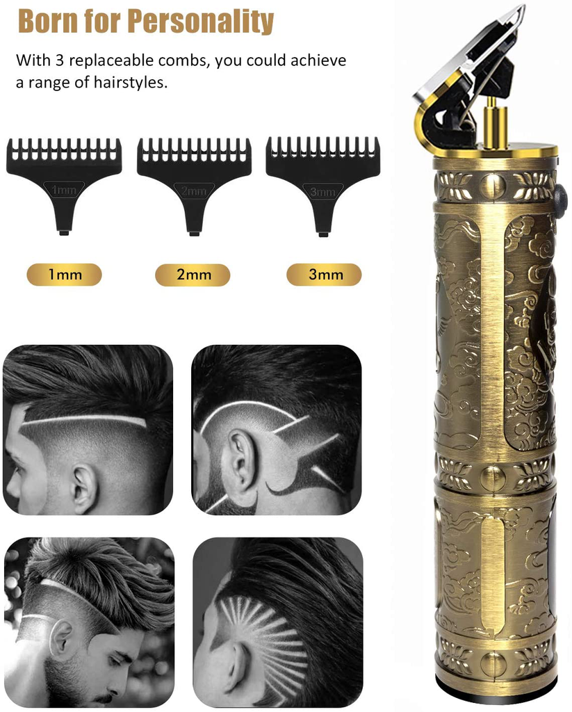 Qhou Upgraded T Blade Hair Trimmer for Men, Cordless Electric Pro Li Outliner, Zero Gapped Detail Barbershop Beard Shaver Rechargeable Hair Clippers with Limit Combs Guards & LED Display - Bronze