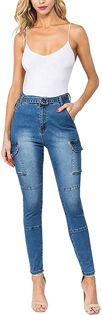LONGBIDA High Waisted Pull On Stretch Denim Skinny Cargo Jeans for Women