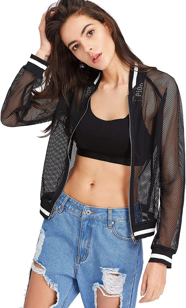 SweatyRocks Women's Summer Zip Up Light Weight Long Sleeve Mesh Bomber Jacket