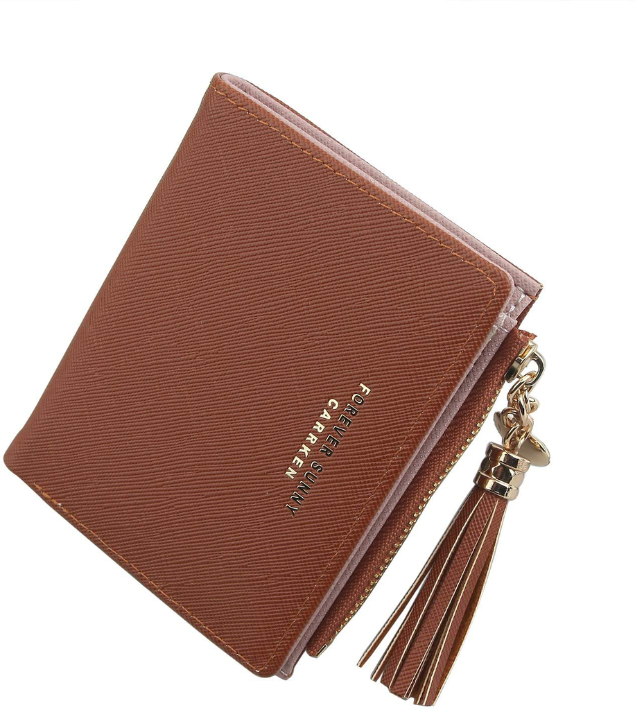 Belsmi RFID Blocking Women's Small Compact Slim Leather Mini Wallet Lady Purse Zipper Pocket Card Organizer Bifold Wallets (Brown)