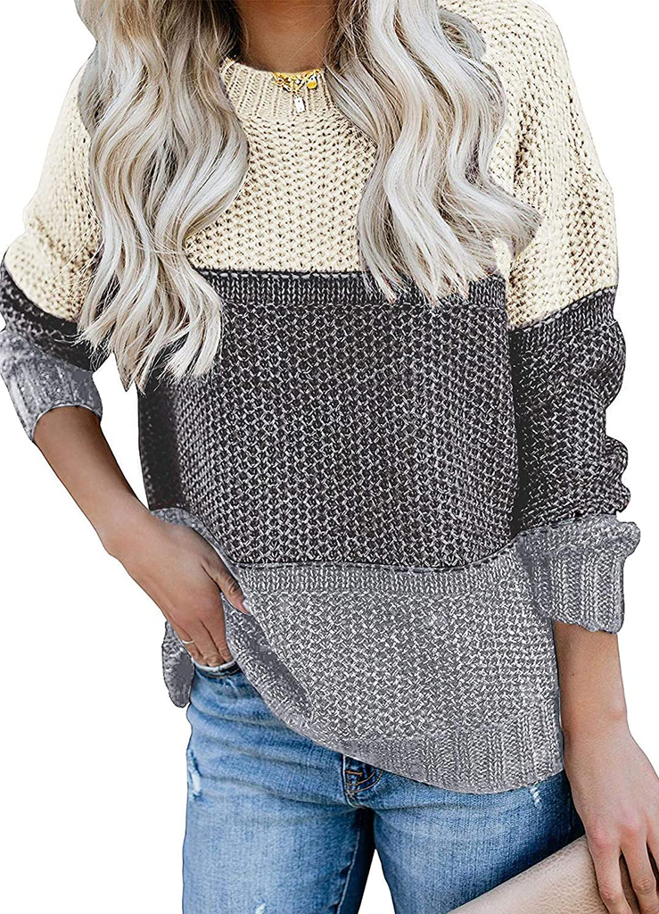 MEROKEETY Women's Crew Neck Long Sleeve Color Block Knit Sweater Casual Pullover Jumper Tops
