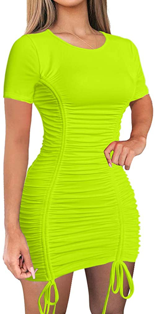 LAGSHIAN Women Sexy Summer Club Ruched Short Sleeve Drawstring Mini Bodycon Dress