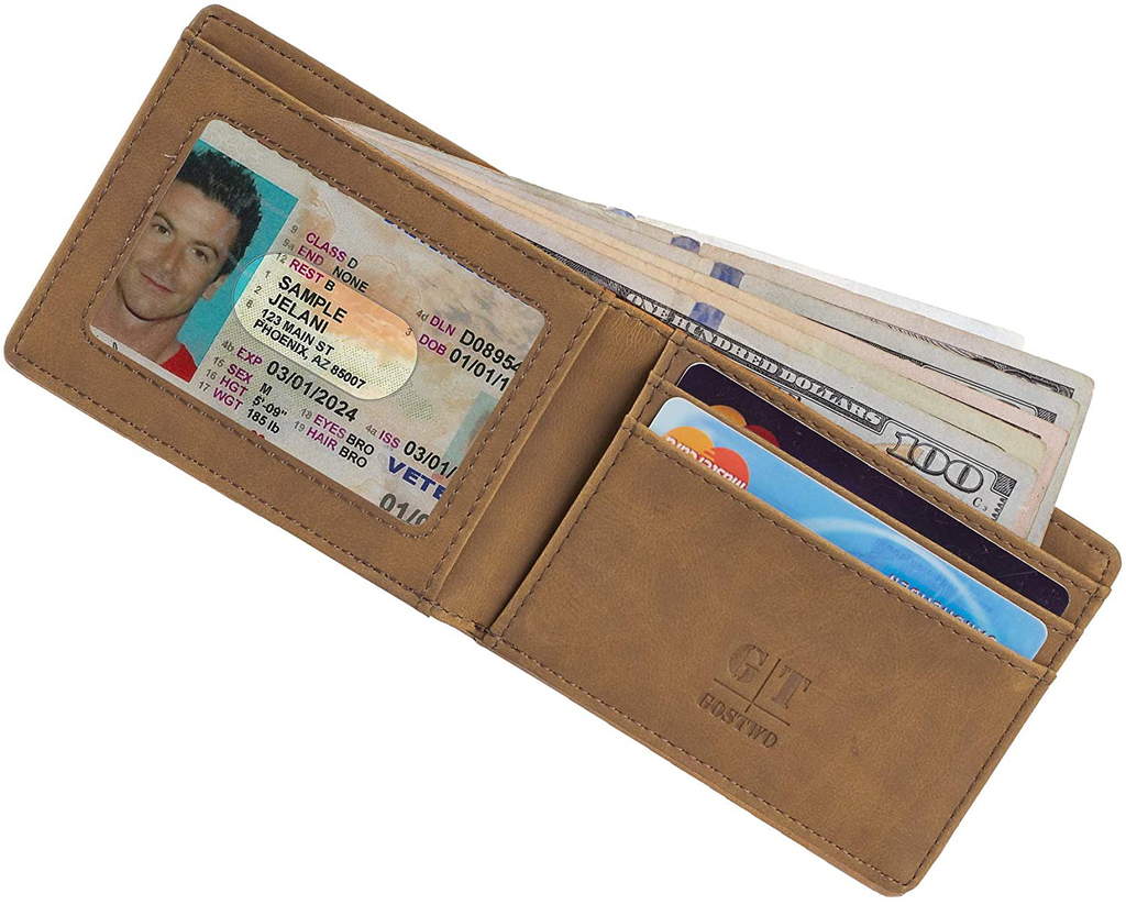 Gostwo Mens Slim Minimalist Front Pocket Wallet Genuine Leather ID Window Card Case RFID Blocking (Brown)