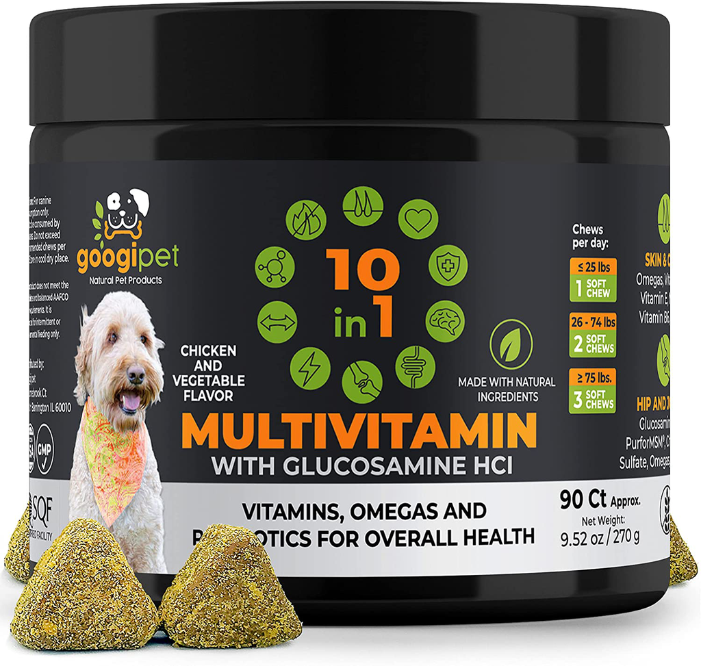 Natural 10 in 1 Dog Multivitamin with Glucosamine & PurforMSM for Dog Hip and Joint Support - Essential Dog Vitamins w/ Chondroitin, Probiotics & Omega Fish Oil - Dog Supplement for Overall Health