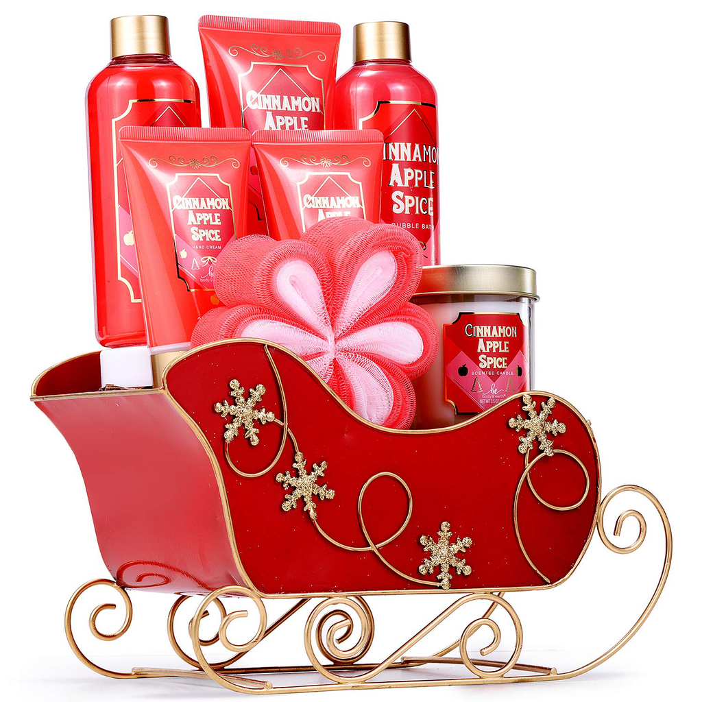 Spa Gift Basket for Women - Christmas Gift Set for Women 8 Piece Bath Set Cinnamon Apple Spice with Hand Cream, Bath Puff, Scented Candle, Shower Gel, Body Lotion, Bubble Bath, Spa Set for Women