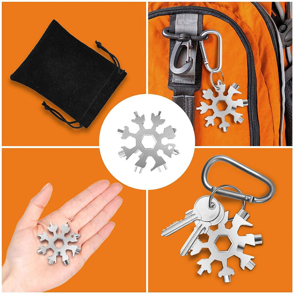 Snowflake Multi Tool, 1PCS 18 in 1 Snowflake Tool Stainless Steel Snowflake Handy Tool with Carabiner Clip, Keyring and Storage Bag (Silver)