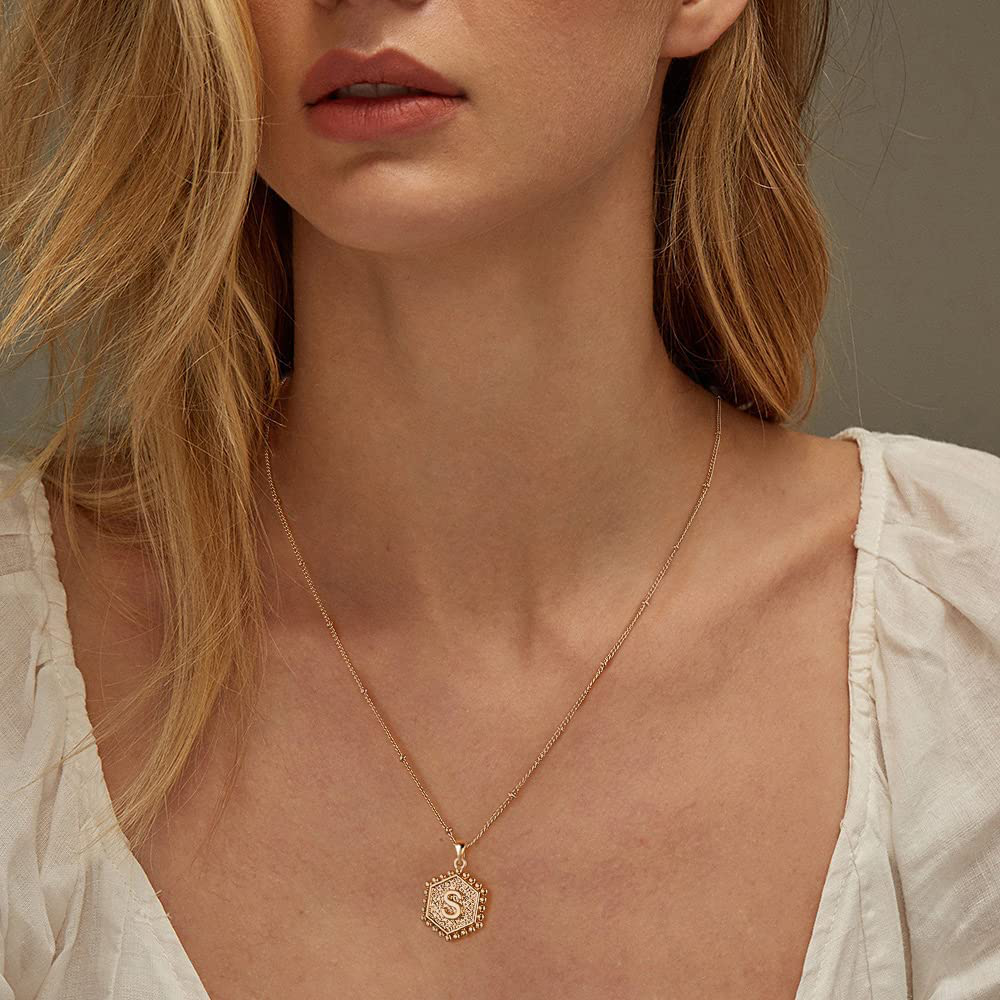 Gold Layered Initial Necklaces for Women, 14K Gold Plated Bar Necklace Handmade Layering Hexagon Letter Pendant Beads Chain Necklace Layered Necklaces for Women Gold Jewelry Gifts