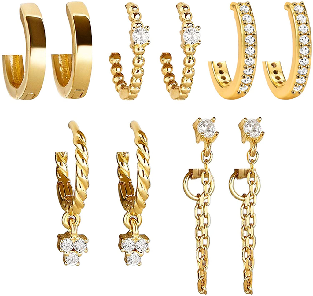 5 Pairs Gold Silver Huggies Hoop Earrings Set for Women Girls Small Tiny Dangle Cubic Zirconia Chain Hoop Earrings Jewelry for Gifts