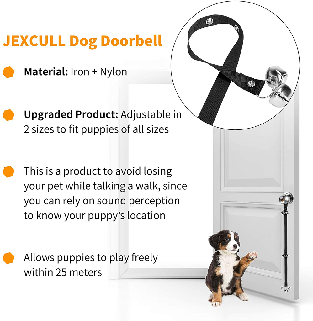 JEXCULL Dog Doorbell for Training, Adjustable Puppy Doorbells Premium Doggy Train Tools Pet Supplies with 7 Loud Doorbells & 3 Snaps for Small, Medium, Large Dogs Go Outside, Black