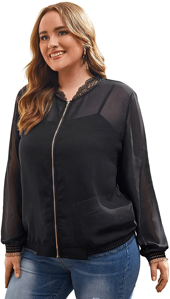 Floerns Women's Plus Size Sheer Floral Lace Long Sleeve Baseball Jacket