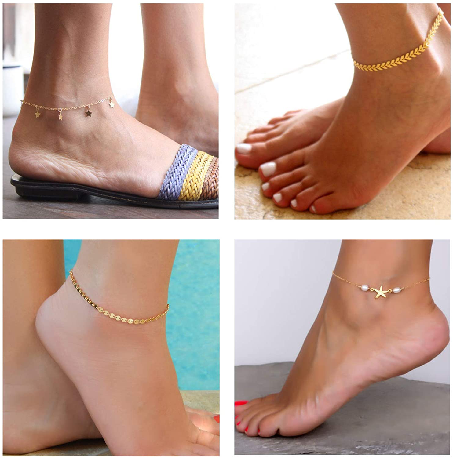  Starain 12pcs Women's Charm Anklet Set Gold Multilayer