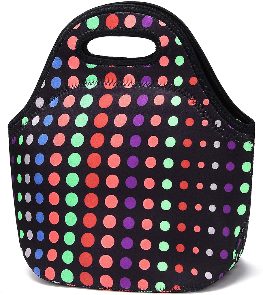 Neoprene Lunch Bags Insulated Lunch Tote Bags for Women Washable lunch container box for work picnic Lightweight Meal Prep Bags for Men Women (Small Colored Dots)