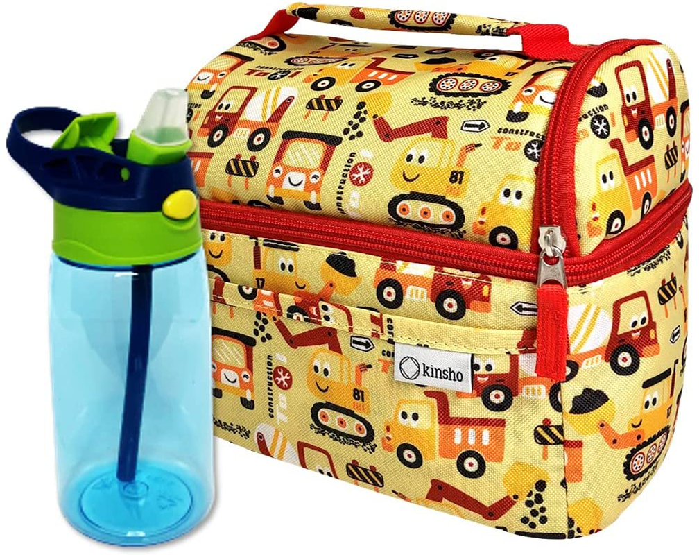 Toddler Lunch Bag and Water Bottle Set, Lunch-Box for Boys Kids Daycare, Insulated Boxes Baby Boy Pre-School, Container for Small Kid Snacks Lunches, 2 Compartments, Yellow Red Trucks