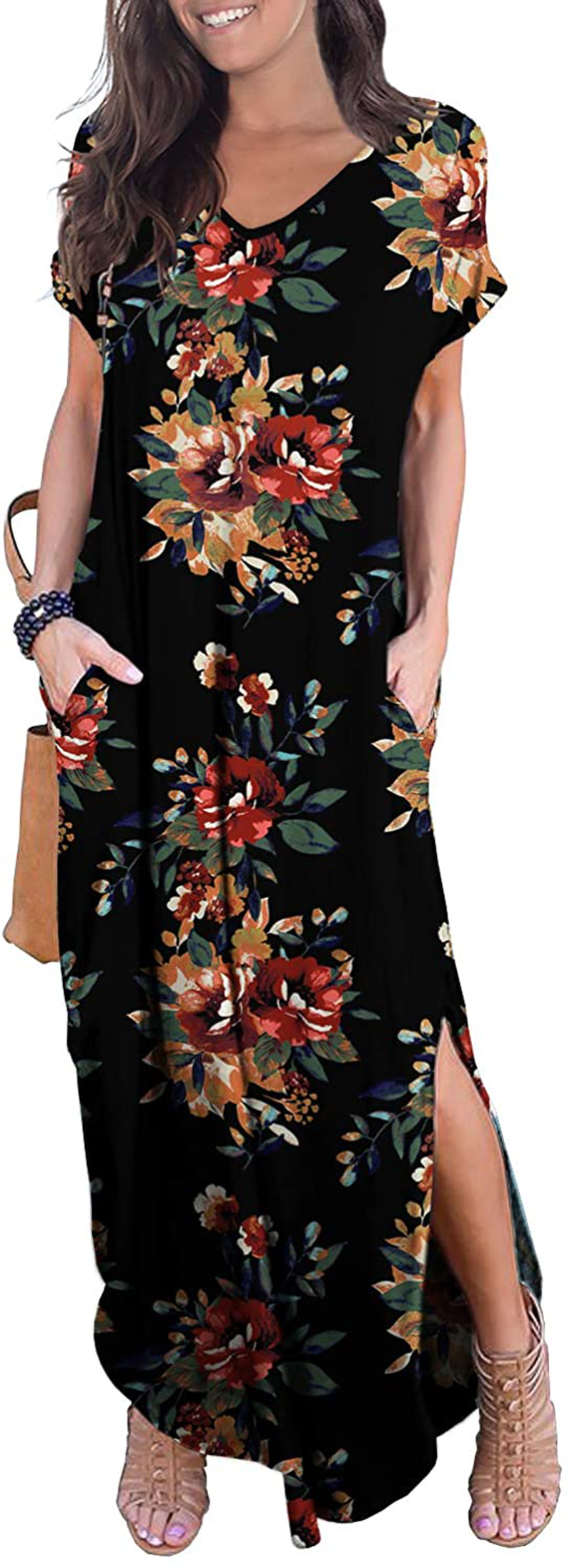 GRECERELLE Women's Casual Loose Pocket Long Dress Short Sleeve Split M –  MODAndME
