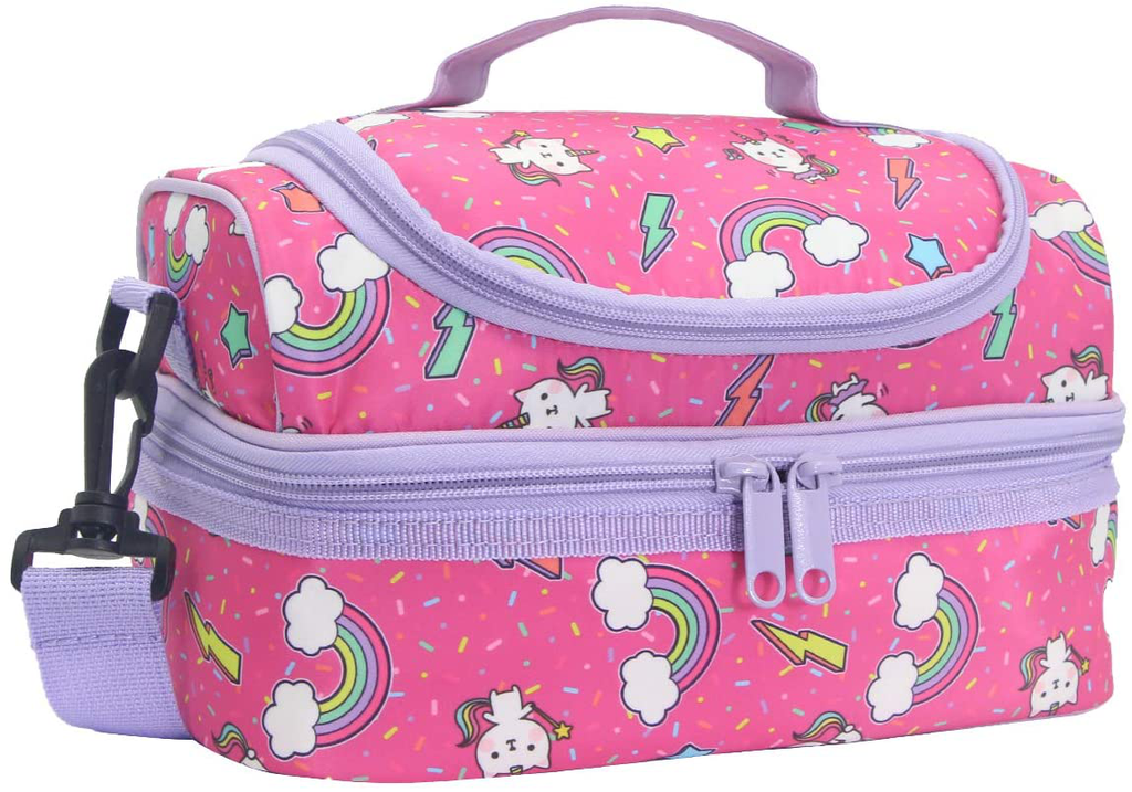 Lunch Bag Box for Girls, Kasqo Insulated Cooler Bag Kids Lunch Tote with Dual Compartments, Lavender Unicorn