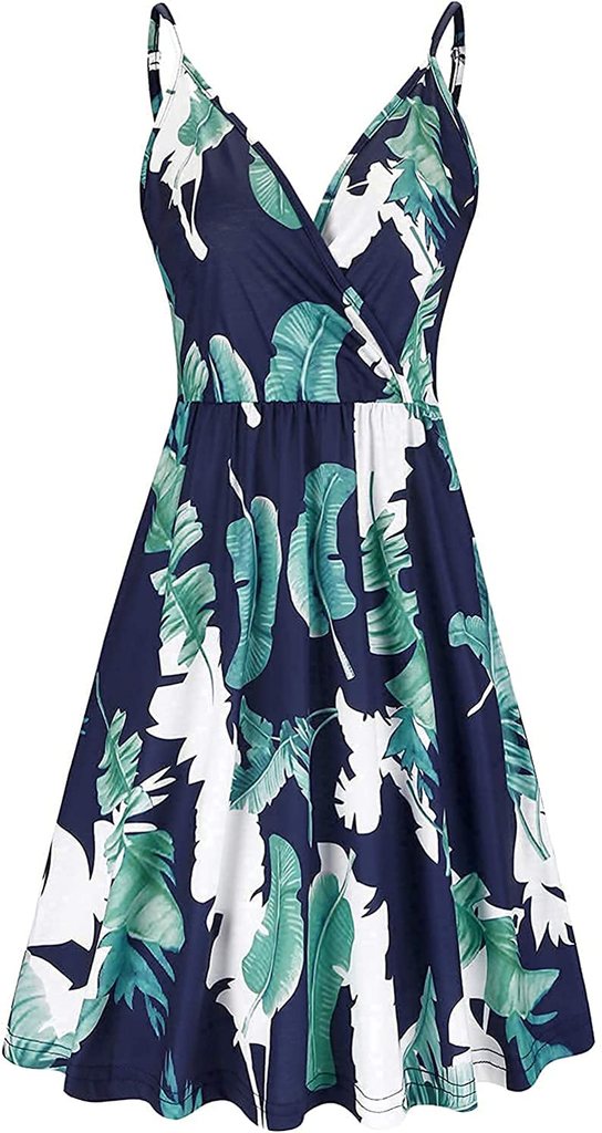 VOTEPRETTY Women's V-Neck Spaghetti Strap Dress Summer Casual Swing Sundress with Pockets