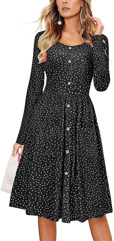 KILIG Women's Long Sleeve Button Down Casual Midi Dress with Pockets