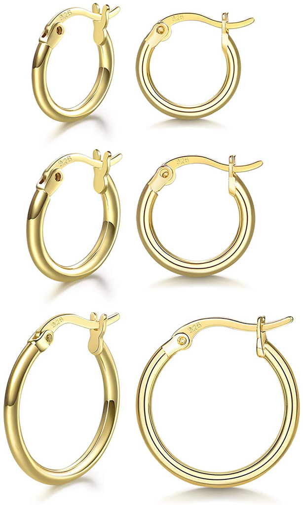 3 Pairs 925 Sterling Silver Hoop Earrings | Small White Gold Plated Hoop Earrings for Women Girls (13mm, 15mm, 20mm)